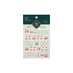 3D relief nail stickers with pink bows and cherry patterns on mint green background