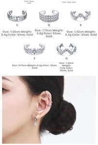 Detail view of s925 silver ear cuffs in gold and silver finishes with size parameters