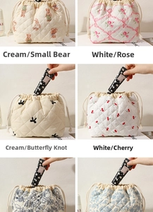 Quilted cosmetic pouch large capacity portable travel storage drawstring cute makeup bag