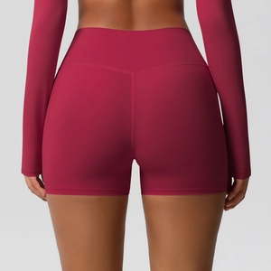 Rear view of dark red high-waisted yoga shorts with seamless lifting effect on fabric