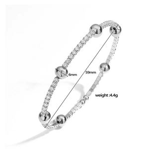 Minimalist silver open bangle with zircon inlay and 6mm bead, 59mm diameter bracelet