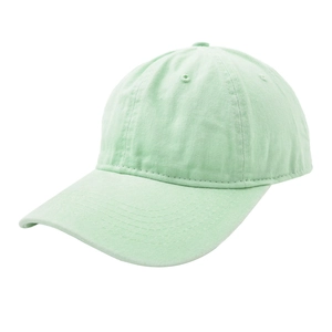 Detailed view of mint green cotton baseball cap showing twill fabric texture and stitching