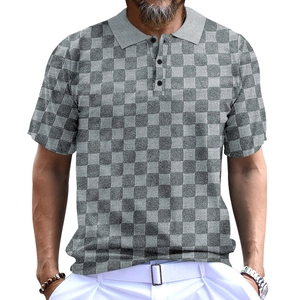 Close-up of grey checkerboard pattern on short sleeve polo shirt with textured knit