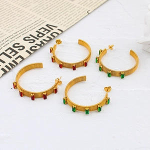Luxury gold C-shape hoop earrings with vintage texture and colorful square gemstones