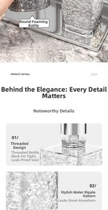 Detail view of water ripple texture on glass lotion bottle with silver pump head