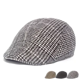 Retro British Plaid Newsboy Cap For Men Autumn Winter Warm Woolen Flat Cap Ivy Cap Vintage Houndstooth Hat