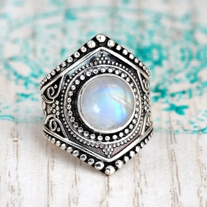 Bague En Cuivre Vintage Avec Pierre De Lune Synthétique Fini Argent Antique Style Bohème Ethnique Pour Femmes