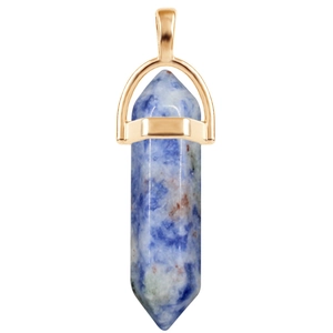 Macro detail of hexagonal blue and white crystal pendant with polished gold metal clasp