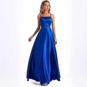Satin Evening Gown Spaghetti Strap Side Slit Floor Length A-Line Formal Party Prom Dress For Women