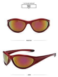 Front and side views of red sports sunglasses with sleek frames and rainbow lenses