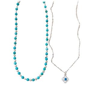 Beaded turquoise necklace and silver flower pendant necklace set with zircon accents