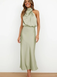 Elegant sage green satin sleeveless halter maxi dress with pleated waist for evening events