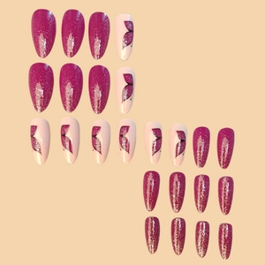 Glitter purple and butterfly pattern long almond press-on nails set with 24 pieces