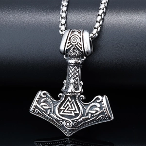 Vintage silver Viking Mjölnir pendant necklace with Valknut symbol on black background