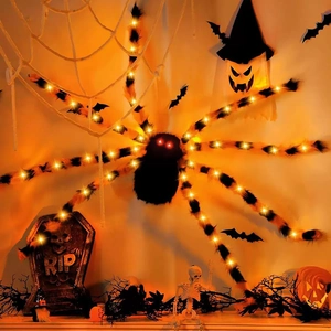 Detailed view of giant plush spider with orange LED eyes on a spooky cobweb background