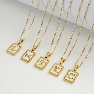 18K gold plated stainless steel square pendant necklaces with shell alphabet charms