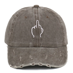 Distressed vintage cotton baseball cap with middle finger gesture embroidery in gray