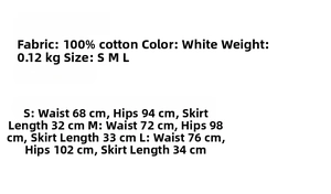 Detailed size chart for white embroidery crop top and mini skirt with 100% cotton fabric