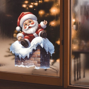 Cartoon Santa Claus on snowy chimney Christmas window sticker for festive home glass decoration