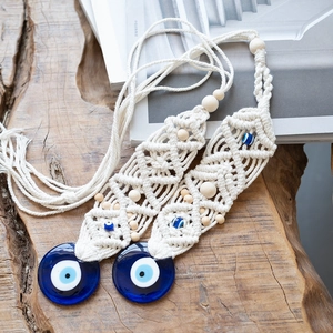Handmade Macrame Evil Eye Wall Hanging with Blue Glass Charm and Wooden Beads