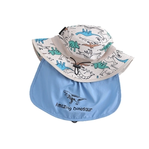 Kids breathable mesh sun hat with neck flap featuring colorful dinosaur print and text
