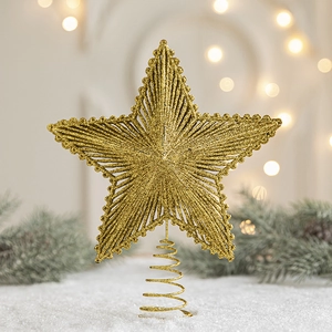 Glittery gold iron Christmas tree topper star with spiral base on a festive background