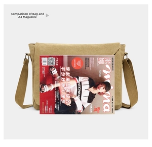 Canvas messenger bag in khaki compared with A4 magazine to show accurate size dimensions