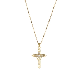 Golden sword cross pendant necklace with hollow pattern and micro-set diamonds on white background