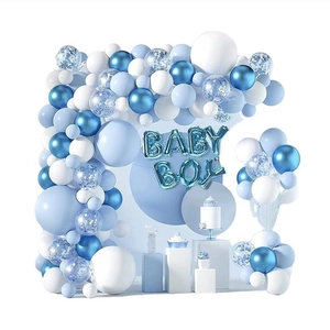 Blue and white latex balloon arch kit with BABY BOY foil balloons for party decoration