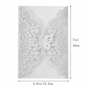 Laser-cut wedding invitation featuring hollow butterfly lace pattern with size measurements