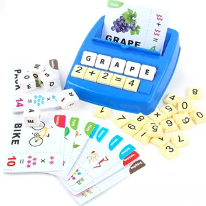 Educational word spelling and math matching game kit with cards and plastic blocks