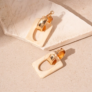 Minimalist square resin drop earrings with cream geometric pendants and gold metal hoops