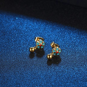 Sweet Flower Dangle Stud Earrings Stainless Steel Enamel Floral Petal Red Center Gold Ball Delicate Jewelry For Women