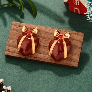Vintage Christmas red gift box stud earrings with golden ribbon and red gemstone detail