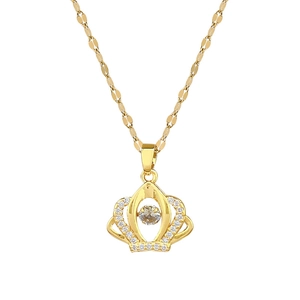 Titanium steel crown necklace in gold finish with dancing zircon stone and small diamonds