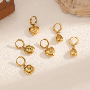 Gold stainless steel hoop earrings with starburst zircon hearts and square charms