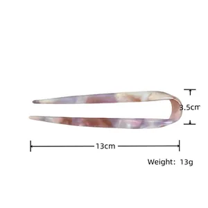 Modern U-shaped acetate hair pin with purple marble pattern and 13cm length for women