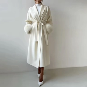 Women Long Woolen Coat With Faux Fur Cuffs Solid Color Tie Waist Lapel Collar Elegant Winter Outwear