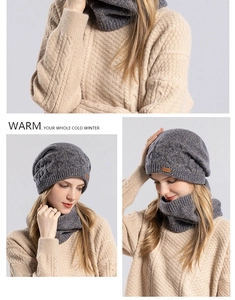 Close-up of knit winter hat and neck warmer set featuring thick cable knit and fleece lining