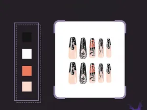 Detail of Halloween coffin nails featuring black spiderwebs and orange pumpkin motifs