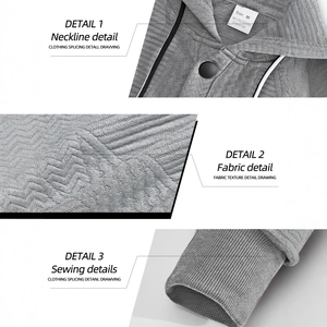 Detailed views of grey pullover hoodie showing neckline, fabric texture and cuff stitching