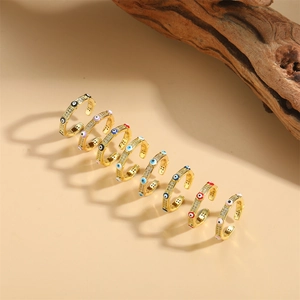 Adjustable 14K gold plated evil eye rings with colorful enamel and zircon stones