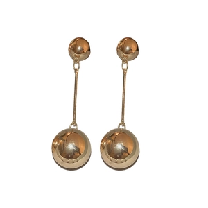 Polished gold metallic double ball drop earrings with long studs and glossy finish