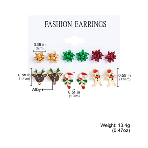 Detail view of 6-pair Christmas alloy earring set showing dimensions and weights
