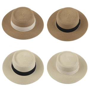 Women Boater Hat Paper Straw Wide Brim Sun Protection Beach Travel Summer Flat Top Ribbon Decor Breathable