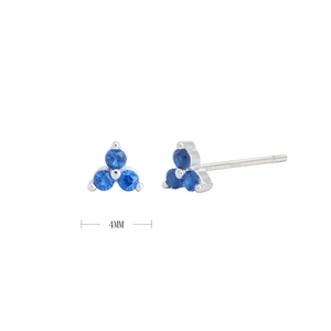 Detail showing 4mm S925 sterling silver triangle stud earrings with blue cubic zirconia