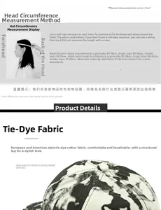 Guide des tailles détaillé et gros plan sur le tissu en coton tie-dye de la casquette