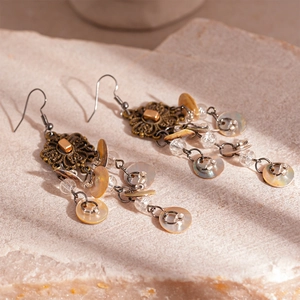 Vintage bronze Chinese knot earrings with shell charms and faceted beads on stone