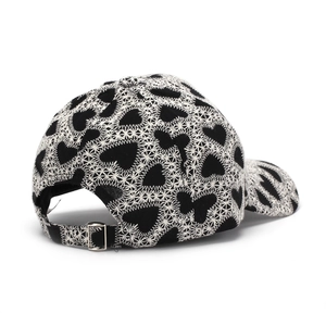 Black baseball cap with white heart embroidery and adjustable metal buckle back