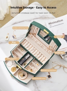 Multi-layer emerald green jewelry box interior showing necklace hooks and mirror